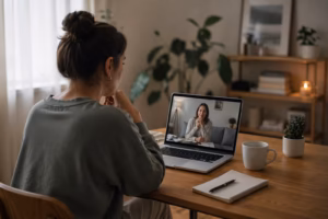 Person using a laptop at home for online mental health support in a calm environment