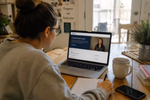 Person taking an online substance abuse education program to learn healthier decision-making and substance use prevention strategies