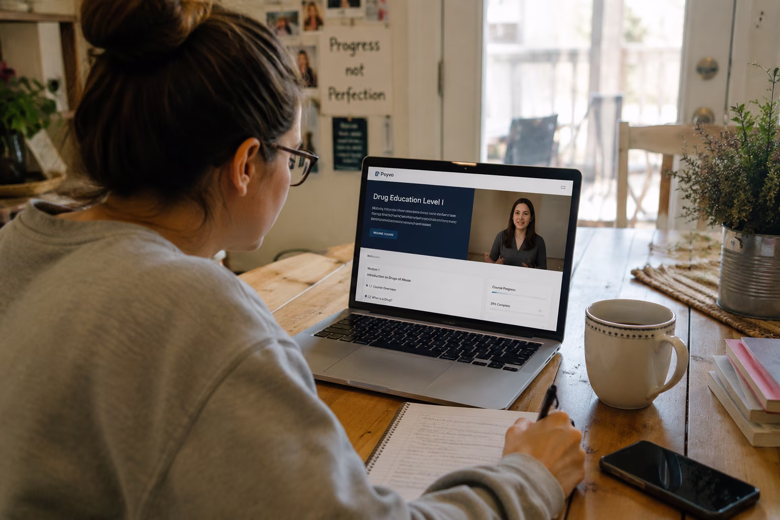 Person taking an online substance abuse education program to learn healthier decision-making and substance use prevention strategies